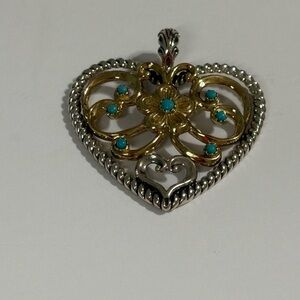 Vintage Sterling Silver & Brass Heart Pendant | Southwestern Boho Turquoise